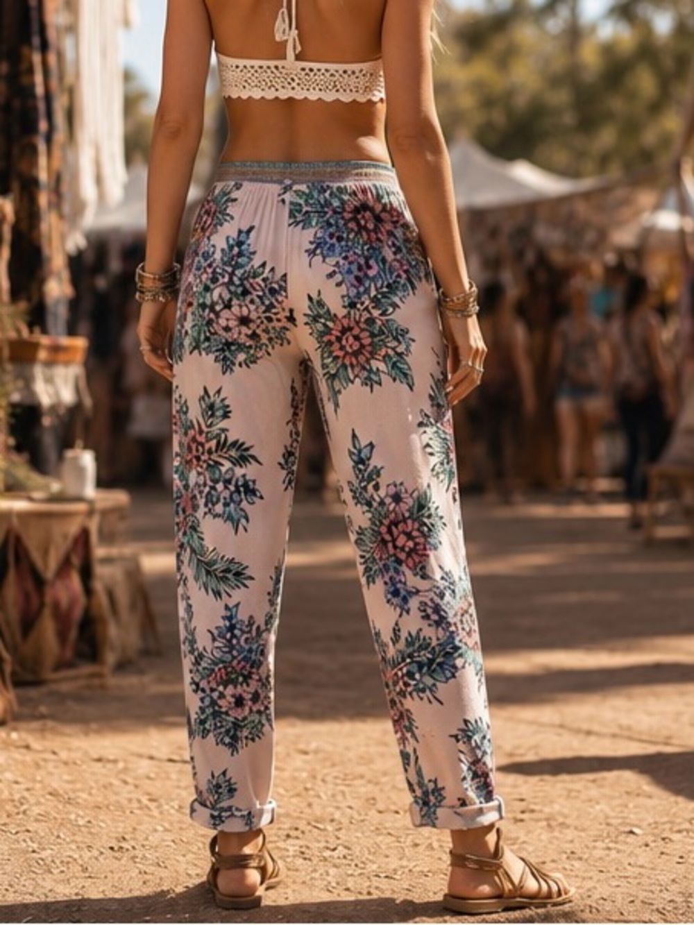 Vintage America Tropical Floral Boho Lounge Pants Tassel Tie Festival Pants SZ L